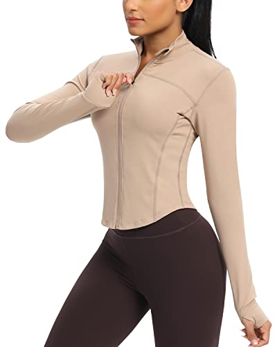 QUEENIEKE Damen Laufjacke Atmungsaktive und Leicht Sportjacke Langarm definieren Jacke mit Daumenloch für Fitness Trainingjacke Jacke Milch Kaffee farbe M von QUEENIEKE