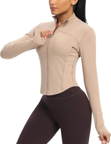 QUEENIEKE Laufjacke Damen mit Lycra Elasthan – Zip-Up Sportjacke Leicht & Atmungsaktiv für Training BBL Running-Jacken (Hellbraun, 46-48) von QUEENIEKE