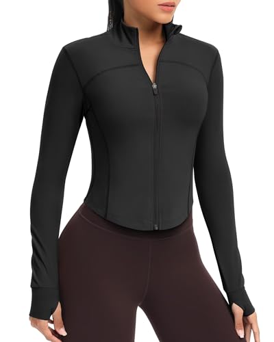 QUEENIEKE Kurze Damen Sportjacke – Leichtes atmungsaktives Yoga-Oberteil mit Daumenlöchern für Fitness & Training (Schwarz, M) von QUEENIEKE