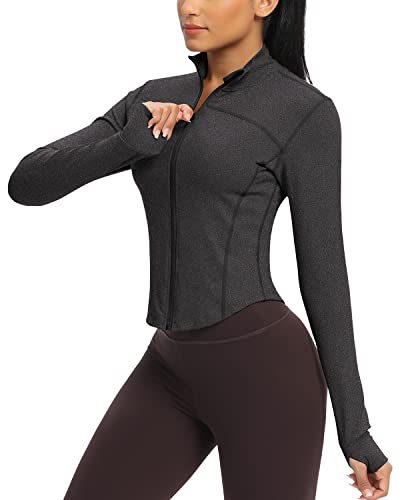 QUEENIEKE Damen Laufjacke Atmungsaktive und Leicht Sportjacke Langarm definieren Jacke mit Daumenloch für Fitness Trainingjacke Jacke Größe L Farbe Schwarz meliert von QUEENIEKE