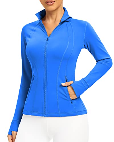 QUEENIEKE Damen Laufjacke Slim Fit und Baumwoll-Soft Handfeel Sport Tops mit durchgehendem Reißverschluss Seitentasche, Dream Blue, 36 von QUEENIEKE