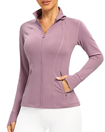 QUEENIEKE Damen Laufjacke Slim Fit und Baumwolle Soft Handfeel Sport Tops mit durchgehendem Reißverschluss Seitentasche, Dusty Lavender B, 36 von QUEENIEKE