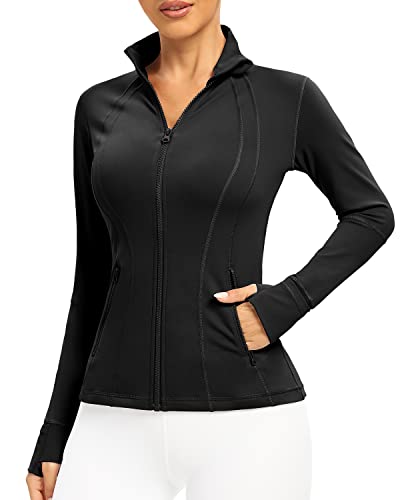 QUEENIEKE Damen Laufjacke Slim Fit und Baumwolle Soft Handfeel Sport Tops mit durchgehendem Reißverschluss Seitentasche, Schwarz (B), 36 von QUEENIEKE