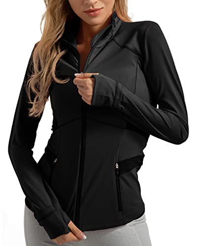 QUEENIEKE Damen Laufjacke Sportjacke Trainningsjack Langarm definieren Jacke Full Zip Leicht Atmungsaktive Sweatjacke mit Taschen Daumenloch für Fitness Yoga Jacke Farbe Schwarz Größe L von QUEENIEKE