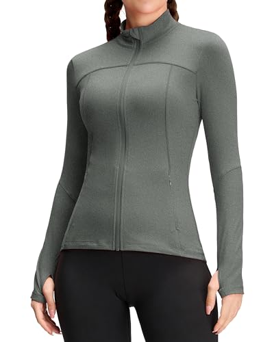 QUEENIEKE Damen Laufjacke Sportjacke Trainningsjacke Langarm definieren Jacke Full Zip Leicht Atmungsaktive Sweatjacke mit Taschen Daumenloch Farbe Schwarzgrauer kationischer Farbstoff Größe S von QUEENIEKE