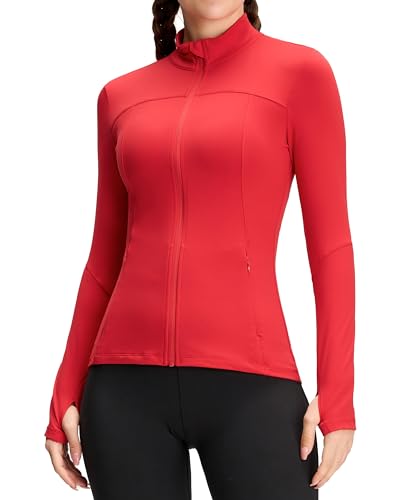 QUEENIEKE Damen Laufjacke Sportjacke Trainningsjack Langarm definieren Jacke Full Zip Leicht Atmungsaktive Sweatjacke mit Taschen Daumenloch für Fitness Yoga Jacke Leuchtendes Rot XL von QUEENIEKE