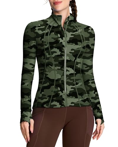 QUEENIEKE Damen Laufjacke Sportjacke voll zip Langarm Trainingsjacke Sweatjacke Slim Fit Handfeel Jacke mit Tasche Für Yoga Fitness Armeegrüne Camo M von QUEENIEKE