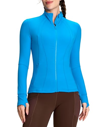 QUEENIEKE Damen Laufjacke Sportjacke voll zip Langarm Trainingsjacke Sweatjacke Slim Fit Handfeel Jacke mit Tasche Für Yoga Fitness Elektrisches Blau S von QUEENIEKE