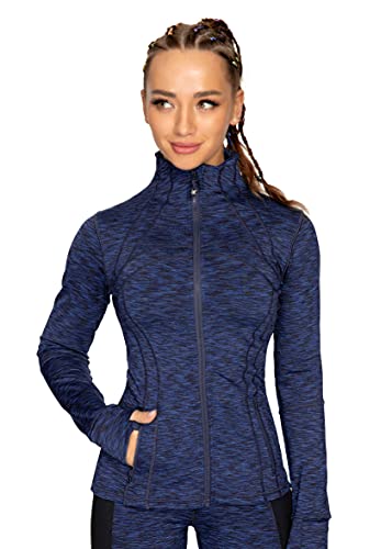 QUEENIEKE Damen Laufjacke Sportjacke voll zip Langarm Trainingsjacke Sweatjacke Slim Fit Handfeel Jacke mit Tasche Für Yoga Fitness Geröstetes Blauer Schwarzer Raumfarbstoff XXL von QUEENIEKE