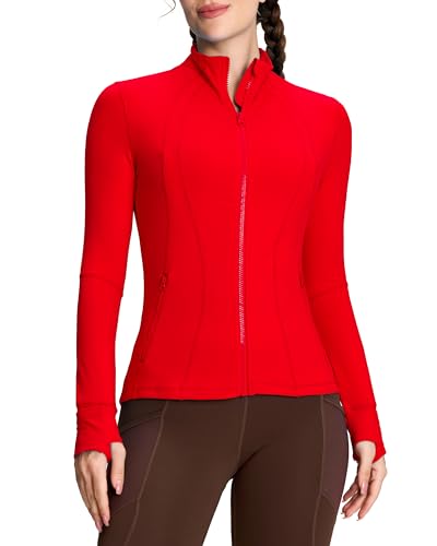 QUEENIEKE Damen Laufjacke Sportjacke voll zip Langarm Trainingsjacke Sweatjacke Slim Fit Handfeel Jacke mit Tasche Für Yoga Fitness Leuchtendes Rot M von QUEENIEKE