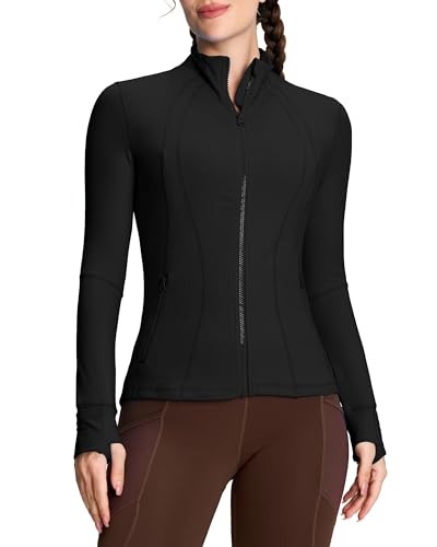 QUEENIEKE Damen Laufjacke Sportjacke voll zip Langarm Trainingsjacke Sweatjacke Slim Fit Handfeel Jacke mit Tasche Für Yoga Fitness Schwarz L von QUEENIEKE