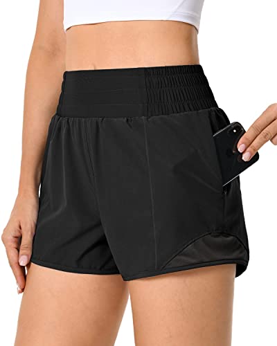 QUEENIEKE Damen Laufshorts High Waist Leichte Schnell Trocknend Gym Shorts mit Kordelzug und Reißverschlusstasche M Schwarz von QUEENIEKE