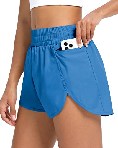 QUEENIEKE Damen-Laufshorts mit hoher Taille, leicht, schnell trocknend, mit Kordelzug und Reißverschlusstasche, Lake Blue 220507, L von QUEENIEKE