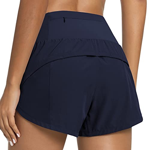 QUEENIEKE Damen Laufshorts mit hoher Taille, leicht, schnell trocknend, mit Kordelzug und Reißverschlusstasche, Ming Blue, L von QUEENIEKE