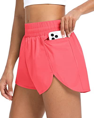 QUEENIEKE Damen-Laufshorts mit hoher Taille, leicht, schnell trocknend, mit Kordelzug und Reißverschlusstasche, Neon Pink 220507, L von QUEENIEKE