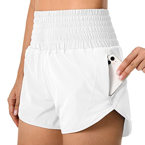 QUEENIEKE Damen-Laufshorts mit hoher Taille, leicht, schnell trocknend, mit Kordelzug und Reißverschlusstasche, Weiß 407, Medium von QUEENIEKE