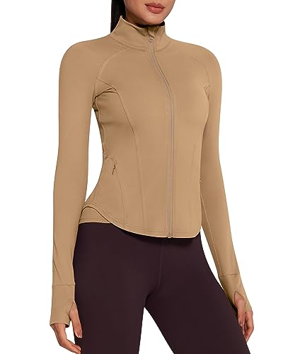 QUEENIEKE Damen Reißverschluss Sportoberteil Atmungsaktive Sportjacke Leicht Enge Laufjacke Mit Daumenloch Milch Kaffee Farbe L von QUEENIEKE