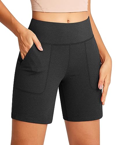 QUEENIEKE Damen-Shorts, hohe Taille, 17,8 cm, lange Lauf-Lounge-Sweatshorts mit Tasche, Tiefschwarz meliert, Medium von QUEENIEKE