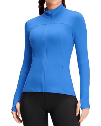 QUEENIEKE Damen Laufjacke Sportjacke Trainningsjack Langarm definieren Jacke Full Zip Leicht Atmungsaktive Sweatjacke mit Taschen Daumenloch für Fitness Yoga Jacke Elektrisches Blau S von QUEENIEKE