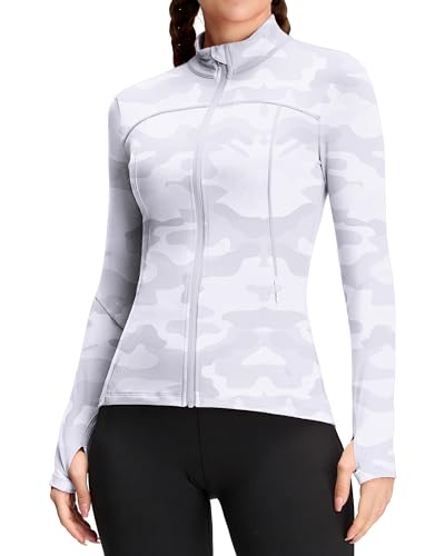 QUEENIEKE Damen Laufjacke Sportjacke Trainningsjack Langarm definieren Jacke Full Zip Leicht Atmungsaktive Sweatjacke mit Taschen Daumenloch für Fitness Yoga Jacke weiße Tarnung L von QUEENIEKE