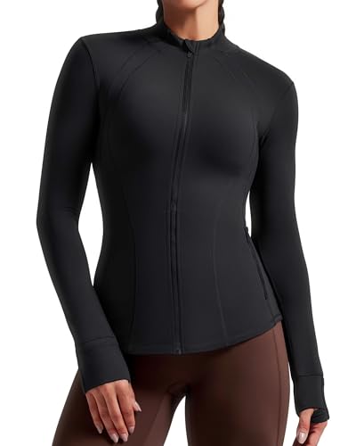 QUEENIEKE Damen Slim Fit Laufjacken - Langarmschnitt Sportliche Workout Gym Tops mit Rücken-Mesh-Belüftung & Daumenschlaufen (Schwarz, L) von QUEENIEKE