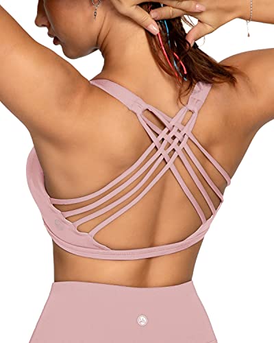 QUEENIEKE Damen Sport BH Gepolstert leichte Yoga Bra ohne Buegel Spaghettiträger Sport Bra Cross Back Cropped Top für Fitness Farbe Blassrosa Lila Größe XL von QUEENIEKE