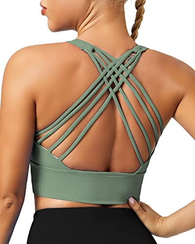 QUEENIEKE Damen Sport BH Gepolstert leichte Yoga Bra ohne Buegel Spaghettiträger Sport Bra Cross Back Cropped Top für Fitness Farbe Dunstiges Grün B Größe L von QUEENIEKE