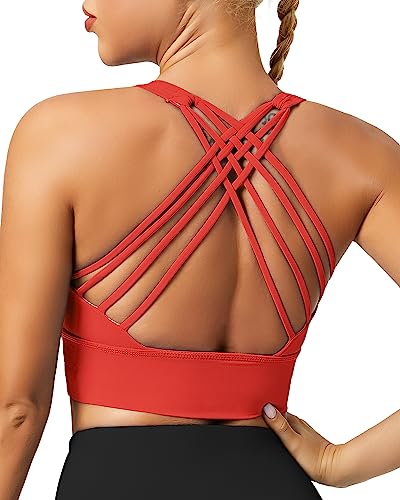 QUEENIEKE Damen Sport BH Gepolstert leichte Yoga Bra ohne Buegel Spaghettiträger Sport Bra Cross Back Cropped Top für Fitness Farbe Fluoreszierendes Dunkelrot B Größe L von QUEENIEKE