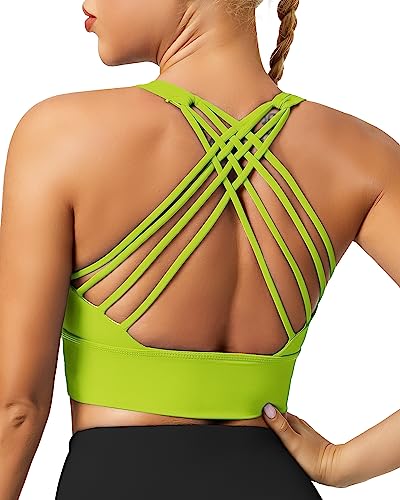 QUEENIEKE Damen Sport BH Gepolstert leichte Yoga Bra ohne Buegel Spaghettiträger Sport Bra Cross Back Cropped Top für Fitness Farbe Highlight-Grün B Größe L von QUEENIEKE