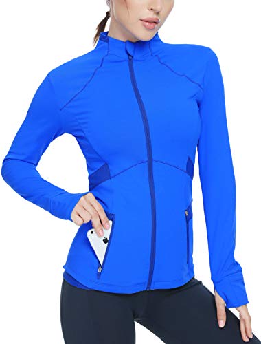 QUEENIEKE Damen Laufjacke Sportjacke Trainningsjack Langarm definieren Jacke Full Zip Leicht Atmungsaktive Sweatjacke mit Taschen Daumenloch für Fitness Yoga Jacke Farbe Traum blau Größe S von QUEENIEKE