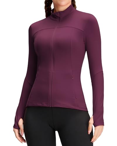 QUEENIEKE Damen Laufjacke Sportjacke Trainningsjack Langarm definieren Jacke Full Zip Leicht Atmungsaktive Sweatjacke mit Taschen Daumenloch für Fitness Yoga Jacke Dunkelrosenrot XXL von QUEENIEKE