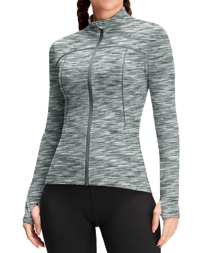 QUEENIEKE Damen Laufjacke Sportjacke Trainningsjack Langarm definieren Jacke Full Zip Leicht Atmungsaktive Sweatjacke mit Taschen Daumenloch für Fitness Yoga Jacke Hellgrau L von QUEENIEKE