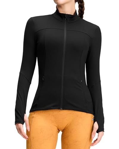 QUEENIEKE Damen Laufjacke Sportjacke Trainningsjack Langarm definieren Jacke Full Zip Leicht Atmungsaktive Sweatjacke mit Taschen Daumenloch für Fitness Yoga Jacke Schwarz M von QUEENIEKE