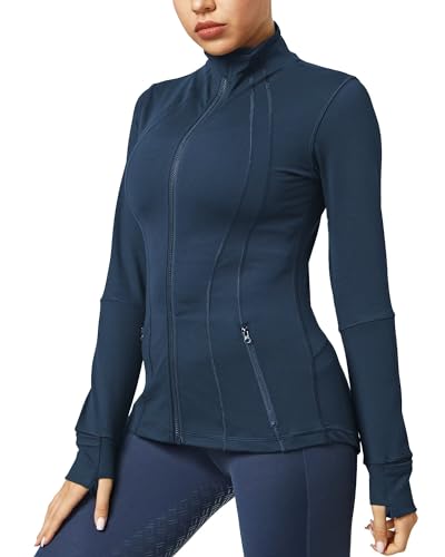 QUEENIEKE Damen-Sportjacken, Baumwolle, weich, durchgehender Reißverschluss, schmale Passform, Workout, Laufjacke mit Taschen, 210503, 1-dunkelblau, XS von QUEENIEKE