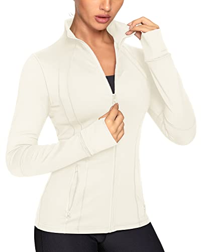 QUEENIEKE Damen-Sportjacken, Baumwolle, weich, durchgehender Reißverschluss, schmale Passform, Workout, Laufjacke mit Taschen, 210503, 1-ivory, Small von QUEENIEKE