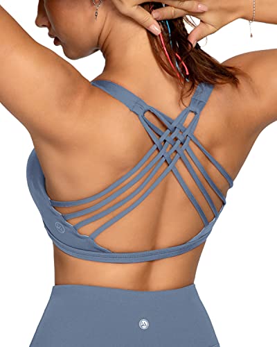 QUEENIEKE Damen Sport BH Gepolstert leichte Yoga Bra ohne Buegel Spaghettiträger Sport Bra Cross Back Cropped Top für Fitness Farbe Blauer Himmel Größe XXL von QUEENIEKE