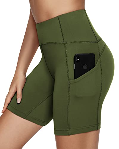 QUEENIEKE Damen-Radlerhose Kurze-Leggings Sporthose-Damen Mittlere-Taille Blickdicht-Laufshorts - Shorts Training für Yoga Gym Fitness Freizeit XS Armeegrün von QUEENIEKE