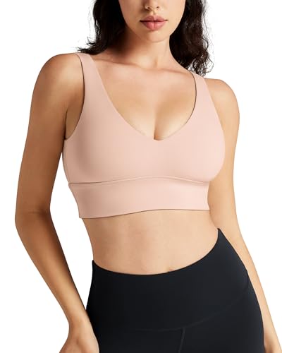 QUEENIEKE Damen V-Ausschnitt Sport-BH - U-Rücken Medium Impact Wireless Gepolstert Yoga BH Crop Top für Workout, Perlen-Rosarot (Pearl Blush), small von QUEENIEKE