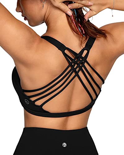 QUEENIEKE Damen Sport BH Gepolstert leichte Yoga Bra ohne Buegel Spaghettiträger Sport Bra Cross Back Cropped Top für Fitness Farbe Schwarz Größe L von QUEENIEKE