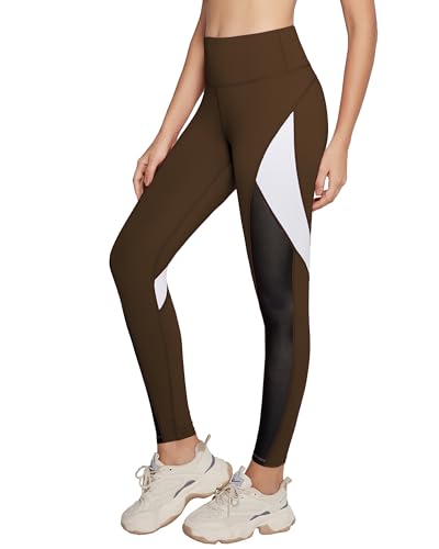 QUEENIEKE Damen Yoga Leggings 25 Zoll Schrittlänge Neunte Hose Farbe Blocking Mesh Workout Laufleggings Größe L Farbe Geröstetes Braun von QUEENIEKE