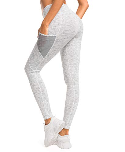 QUEENIEKE Damen Yoga Leggings Power Flex Mesh Mittlere Taille 3 Handytasche Gym Laufhose Farbe Weiß Space Dye Größe L（12 von QUEENIEKE