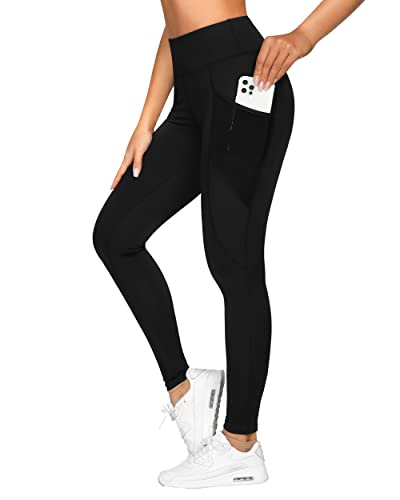 QUEENIEKE Damen Yoga Leggings Power Flex Mesh Mittlere Taille 3 Handytasche Gym Laufhose Farbe Schwarz Größe S（4/6） von QUEENIEKE