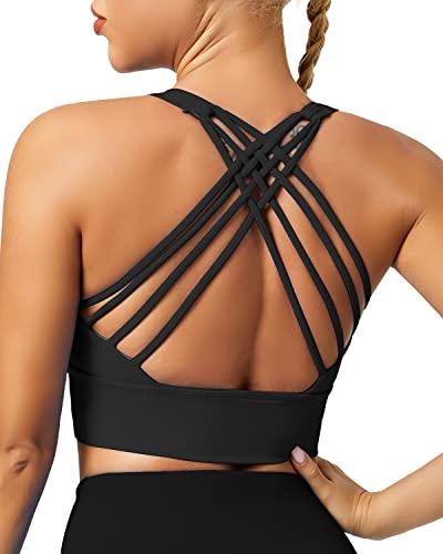 QUEENIEKE Sport BH Damen Ohne Bügel Gepolstert Mittlerer Stark Halt Yoga Bra Gekreuzt Rücken Bustier Sport Top Fitness Lauf Joggen Free to Be Bra Farbe Schwarz B Größe L von QUEENIEKE