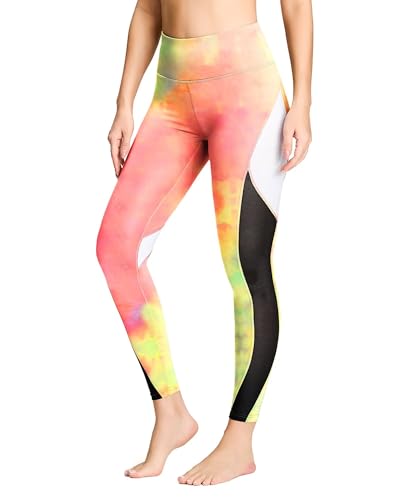 QUEENIEKE Frauen Yoga Hosen Farbe Blocking Mesh Workout Laufen Leggings Strumpfhosen 8030, Rosa und Gelb mit Batikfärbung, Groß von QUEENIEKE