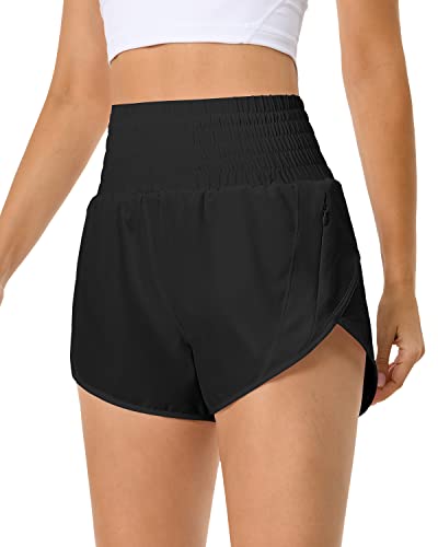 QUEENIEKE Kurze Sporthose Damen Sommer Laufhose Kurz Hose High Waist Radlerhose Schnell Trocknend mit Innenslip und Reißverschlusstasche Fitness Running Yoga Jogging Größe M Farbe Schwarz von QUEENIEKE