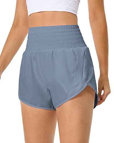 QUEENIEKE Kurze Sporthose Damen Sommer Laufhose Kurz Hose High Waist Radlerhose Schnell Trocknend mit Innenslip und Reißverschlusstasche Fitness Running Yoga Jogging Größe S Farbe Demin Blau von QUEENIEKE