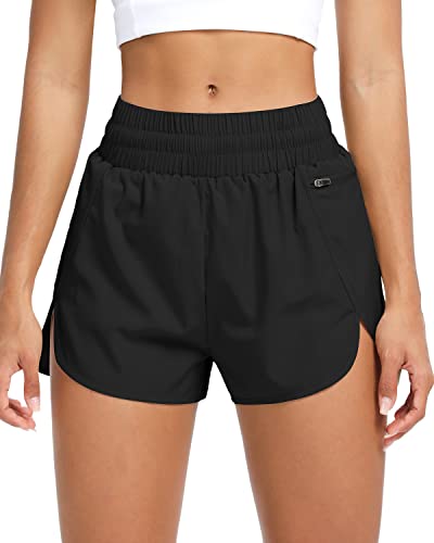 QUEENIEKE Kurze Sporthose Damen Sport Shorts Sommer Laufshorts Kurze Radlerhose Schnell Trocknend High Waist mit Reißverschlusstasche und Innenslip Yoga Fitness Running Gym Größe L Farbe Schwarz von QUEENIEKE