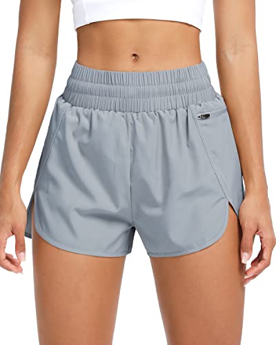 QUEENIEKE Kurze Sporthose Damen Sport Shorts Sommer Laufshorts Kurze Radlerhose Schnell Trocknend High Waist mit Reißverschlusstasche und Innenslip Yoga Fitness Running Gym Größe M Farbe Grau-Blau von QUEENIEKE