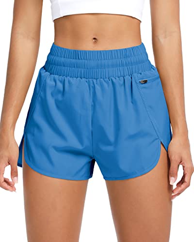 QUEENIEKE Kurze Sporthose Damen Sport Shorts Sommer Laufshorts Kurze Radlerhose Schnell Trocknend High Waist mit Reißverschlusstasche und Innenslip Yoga Fitness Running Gym Größe M Farbe Seablau von QUEENIEKE