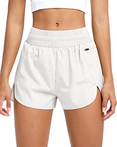 QUEENIEKE Kurze Sporthose Damen Sport Shorts Sommer Laufshorts Kurze Radlerhose Schnell Trocknend High Waist mit Reißverschlusstasche und Innenslip Yoga Fitness Running Gym Größe S Farbe Weiß von QUEENIEKE